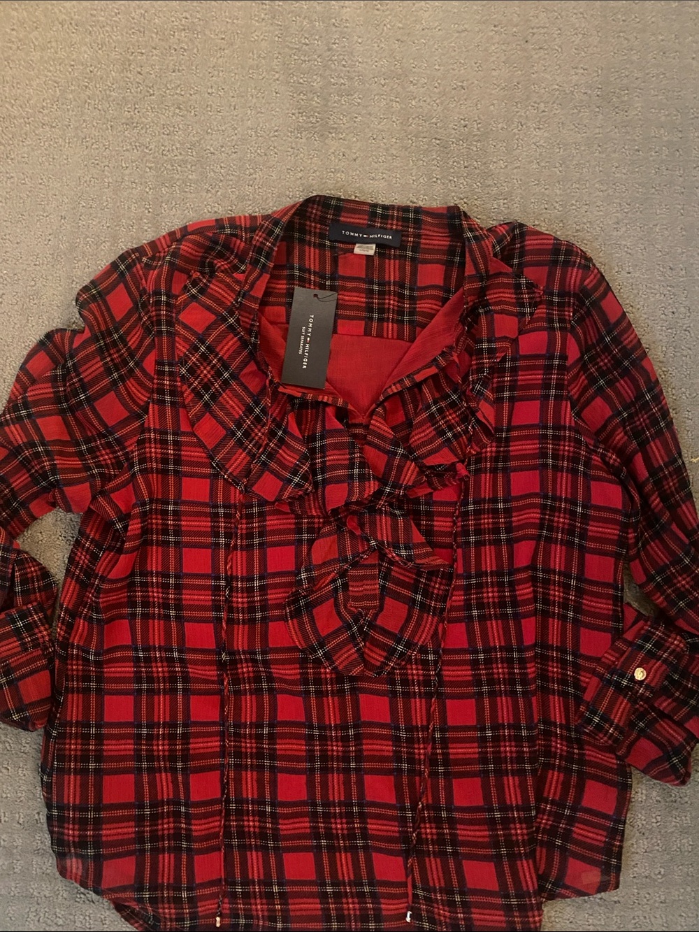 Tommy Hilfiger Red and Black Plaid Ruffle-Front Blouse
